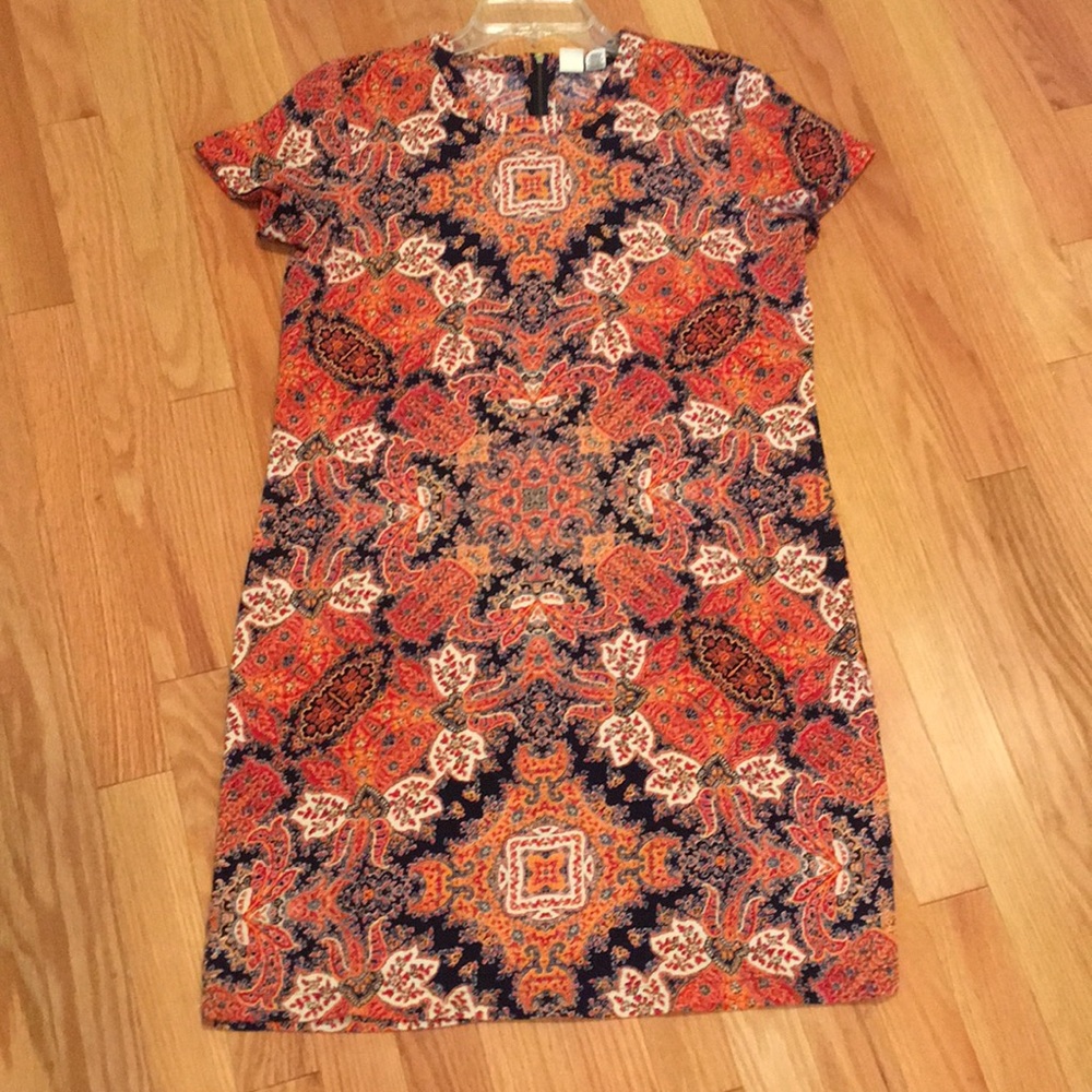 Bohemian orange and navy blue print sheath dress - like new